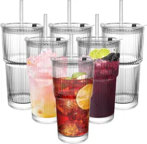 8 Pack Ribbed Glass Cups 8 Lids 8 Straight Straws 2 Brushes Plus 4 Pack Unribbed Glass Cups 4 Straws 4 Wooden Lids 4 Plastic Lids 2 Brushes 1 Cup Brush Multi Set Glass Drinkware Combo For Iced Coffee Milk Tea