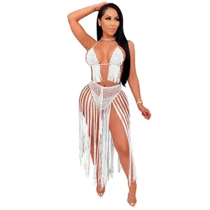 summer work outfit Casual Women Knitted Set Halter Backless Crop Top Long Tassels Briefs Crocheted 2 Pieces Set Hollow Out Crochet Beach Wear