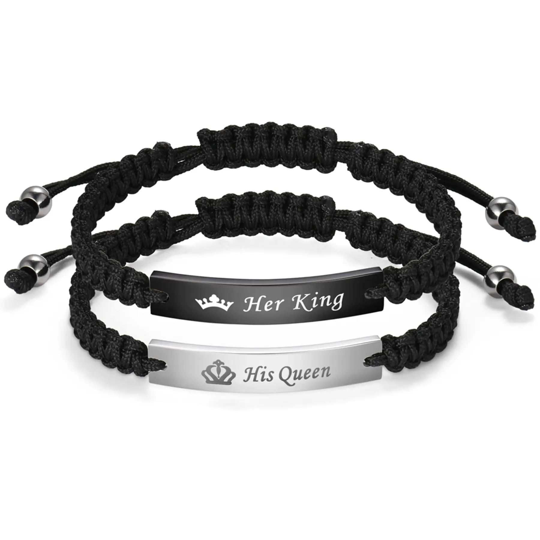 OIDEA Fashionable Couple Bracelet Matching Set - "His Queen Her King" Engraved Plates Stainless Steel with Adjustable Drawstring Rope Cord, 0.61oz Valentine Romance Gift, Silver & Black Options, Adjustable Bangle
