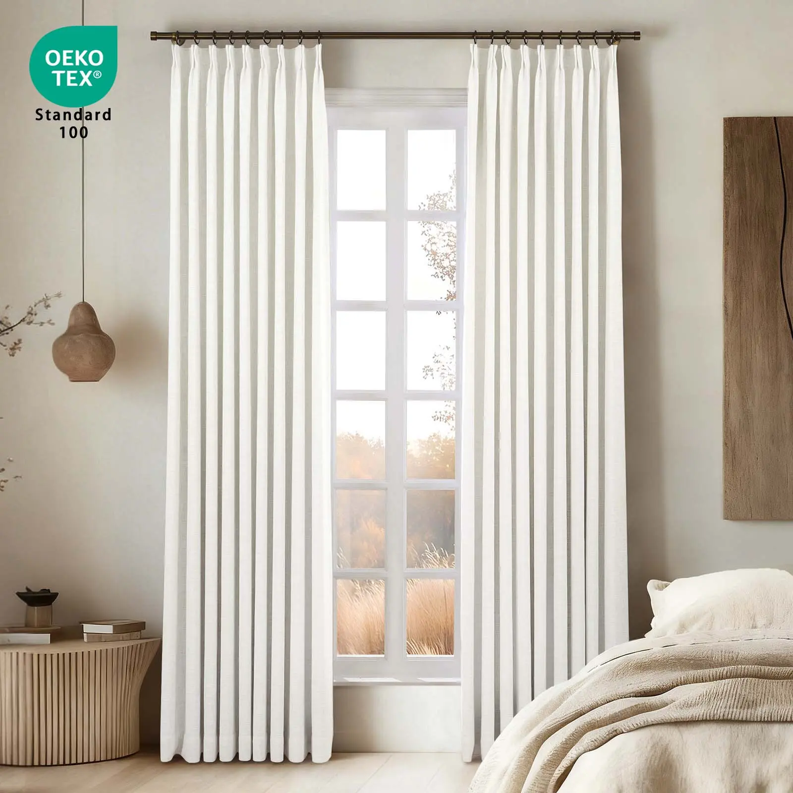 TWOPAGES Liz Linen Blend Pinch Pleat 100% Blackout Curtains, Thermal Insulated Linen-Textured Fabric, OEKO-TEX Certified, 1 Panel Room Darkening Drapes With Adjustable Pin Hooks for Bedroom & Living Room, Back to School, Summer Sale Deals