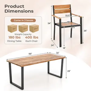 COSTWAY - 7 Pieces Acacia Wood Patio Dining Set with Metal Frame and 2 Inches Umbrella Hole