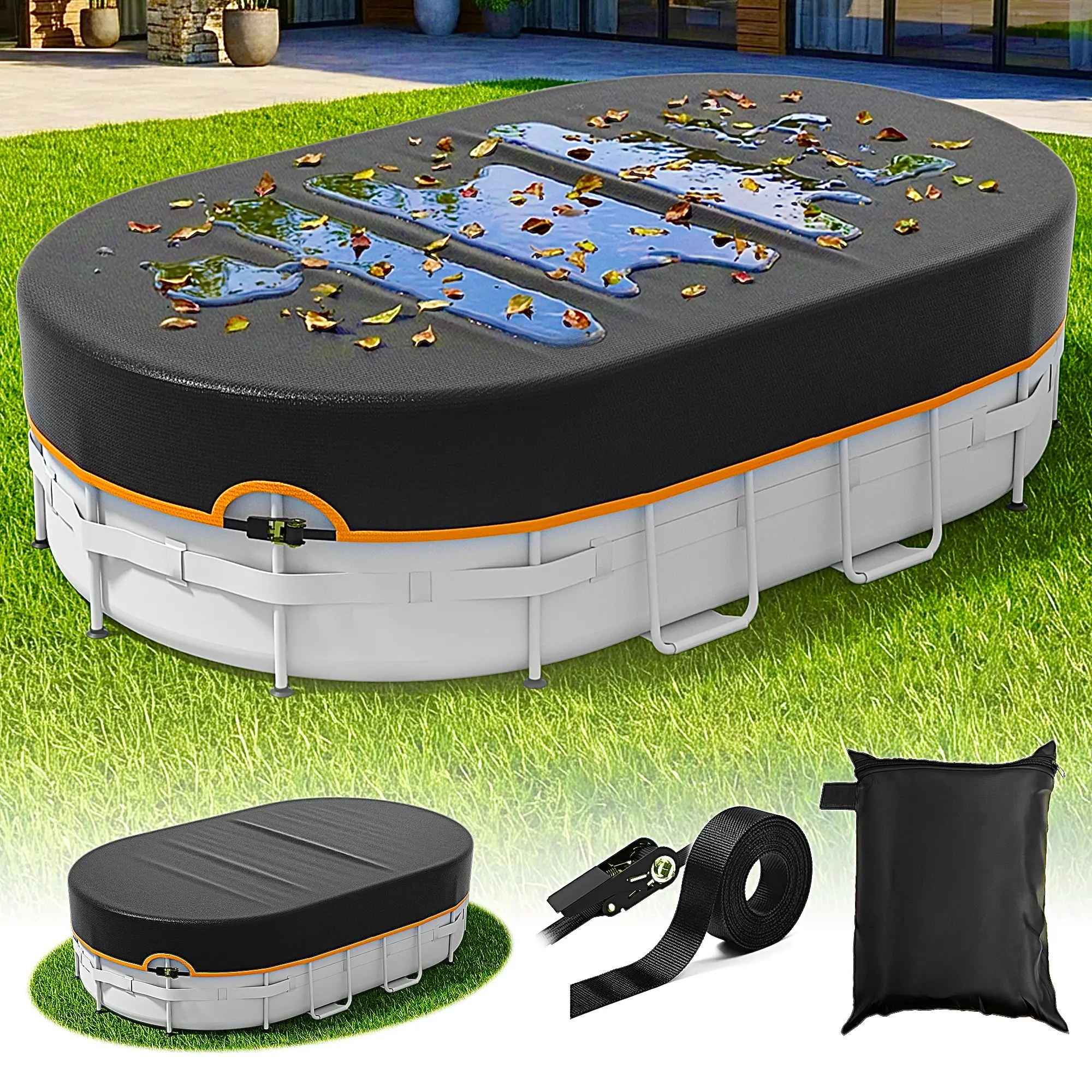 Oval Pool Cover, designed for above-ground oval pools, equipped with high-strength metal mechanical latches for secure fastening and excellent wind resistance.