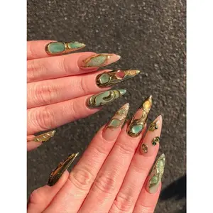 Emerald Gold Press On Nails | Iridescent Gem Nail Art | Sculpted Luxury Fake Nails | 3D Crystal Press Ons | Emerald Inspired Nails