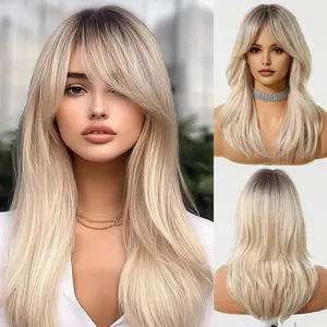 Woolook Elegant Spring Summer Long Wig Gradient Style Blonde Layered Straight Fiber Wigs With Bangs Rose Breathable Net Cap 150% Density Versatile Mid Part Hairstyle For Women Daily Party Travel Wear - Hairwig