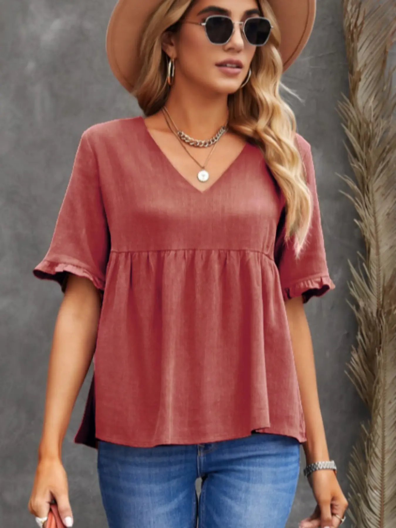 Lace short-sleeved peach-heart collar casual Woven Fitted pullover daily commuting ladies tops Blouse