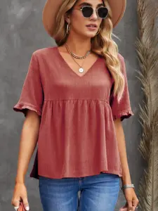 Lace short-sleeved peach-heart collar casual Fitted pullover daily commuting ladies tops