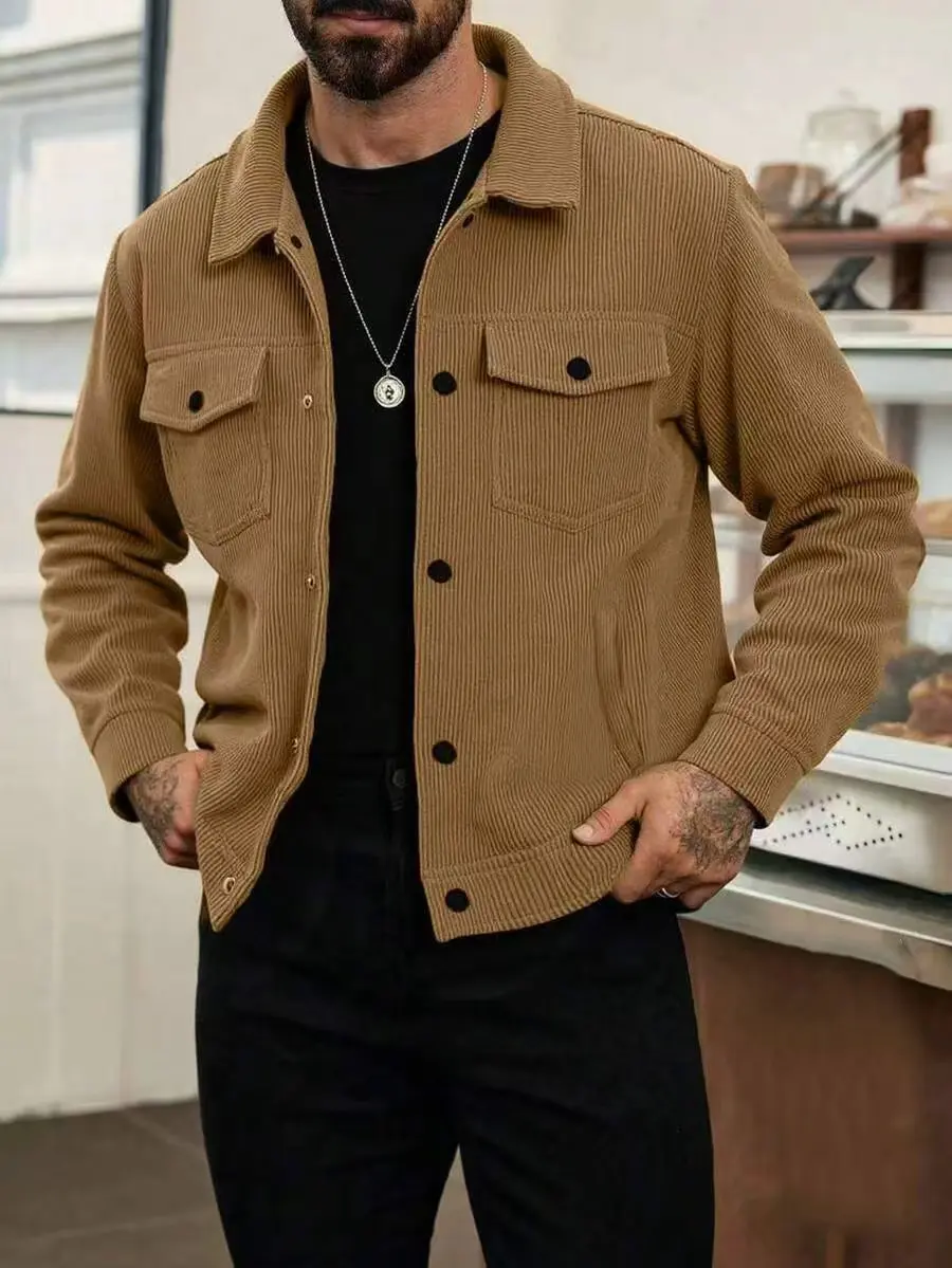 Men's Casual Sports Jacket, Spring Autumn Corduroy Windbreaker Jacket, Retro Multi-Pocket Cargo Jacket
