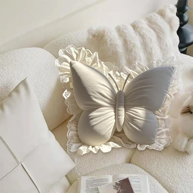 Butterfly-Shaped Decorative Pillow Home Decor Cushion With White Lace Trim Luxurious Velour Fabric& Fill Lumbar Support Cushion For Sofas, Beds, Cars, Offices-Perfect Gift For Women, Mother's Day， Valentine'S Day Machine Washable