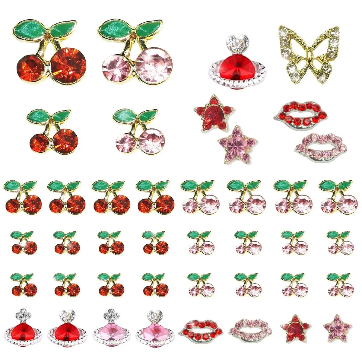 42 Pcs 3D Cherry Nail Charms Heart Planet Star Lips valentines day Charms for Nails Kawaii Nail Rhinestones Gems Studs Cute Shiny Diamonds Jewelry Nail Art for Nails Face Makeup Crafts DIY