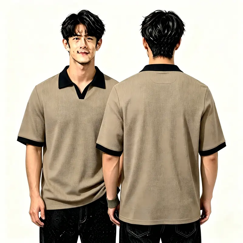 Men's Classic Lapel Solid Short-Sleeved Polo Shirts - Korean Fashion Streetwear Summer Casual Tops (Black, Khaki)