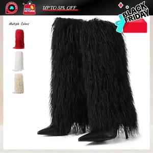Women Knee High Fluffy Fur Boots Stiletto Heels with Pointed Toe Kitten Heel Pull On Solid Color Boots Ladies Boots Nightclub Dress AOSPHIRAYLIANGift