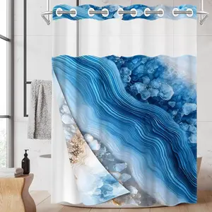 1PC/4PCS 2D Flat Printing Blue and White Agate Texture Patterned shower curtain, home bathroom decor, Bathroom Accessory, shower curtain set with 12 hooks, non-slip bathroom rug, U-shaped toilet seat cover, toilet seat mat, Bathroom Decoration Accessories