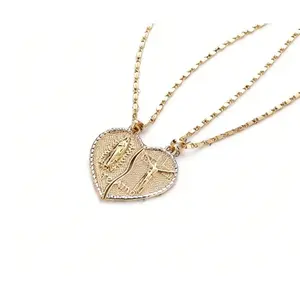 2pcs Virgin Mary Heart Necklace  Plated Double Chain Combination Prayer Pendant for Women & Men TE AMO Inscribed Couple Necklace Religious Symbolism Elegant Dual Heart Design 45cm Chain Length