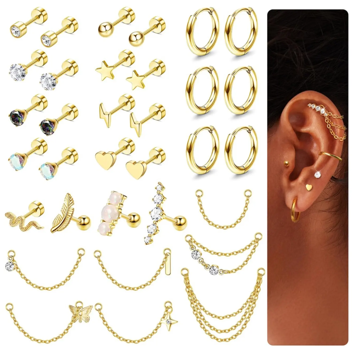 FIASASO 20G Unisex Surgical Stainless Steel Cartilage Earrings Set, 33Pcs Hypoallergenic Cubic Zirconia Opal Jewelry with Flat Back Studs, Hoops, Chains, Dangles for Ear Piercings (Conch, Daith, Helix, Tragus)