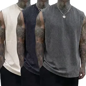 Men’s Summer Sleeveless T‑Shirt, 3‑Pack, New for 2023, 230 g, Pure Cotton, Heavyweight, Distressed Finish Soft, skin-friendly fabric; unisex vintage loose tank top made from washed cotton for sports, fitness, outdoor cycling, and street basketball.