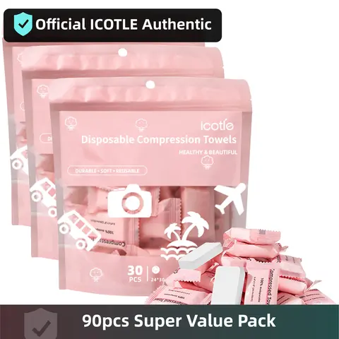 ICOTLE Authentic 90pcs Compressed Cotton Face Towels Travel Disposable Value Pack Soft Gentle for Quick Clean-ups Compact Design 30pcs per Pack