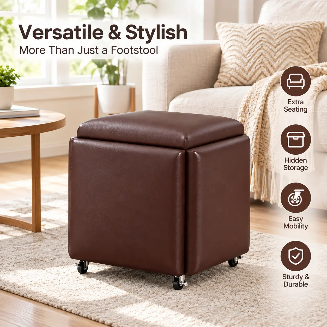 Square Upholstered Faux Leather Stool, soft blunt edge design, reduces accidental bumps at home