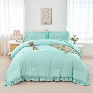 5Pcs Queen Size Comforter Sets Mint Green Ruffle Bedding Sets Vintage Farmhouse Bed Sets Bed in A Bag for Men(Mint Green Queen)