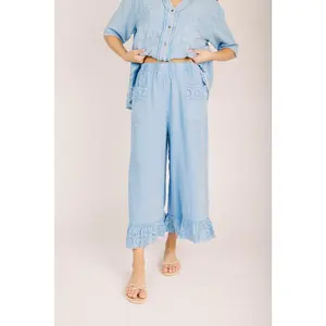 The Carlin Crochet Detail Pant in Day Blue