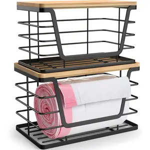 2 Pack Storage Stackable Kitchen Laundry Organizers with Bamboo Top, Large Trash Bag Holder and Small Garbage Bag Dispenser for Countertop Organization