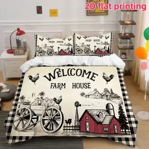 2D Flat 3Pcs Farmhouse Welcome Duvet Cover, Black Buffalo Plaid Rooster & Barn Pattern Bedding, Soft Microfiber Comforter with 2 Pillowcases (No Filling), Rustic Chic Room Decor for Bedroom Guest Dormitory.