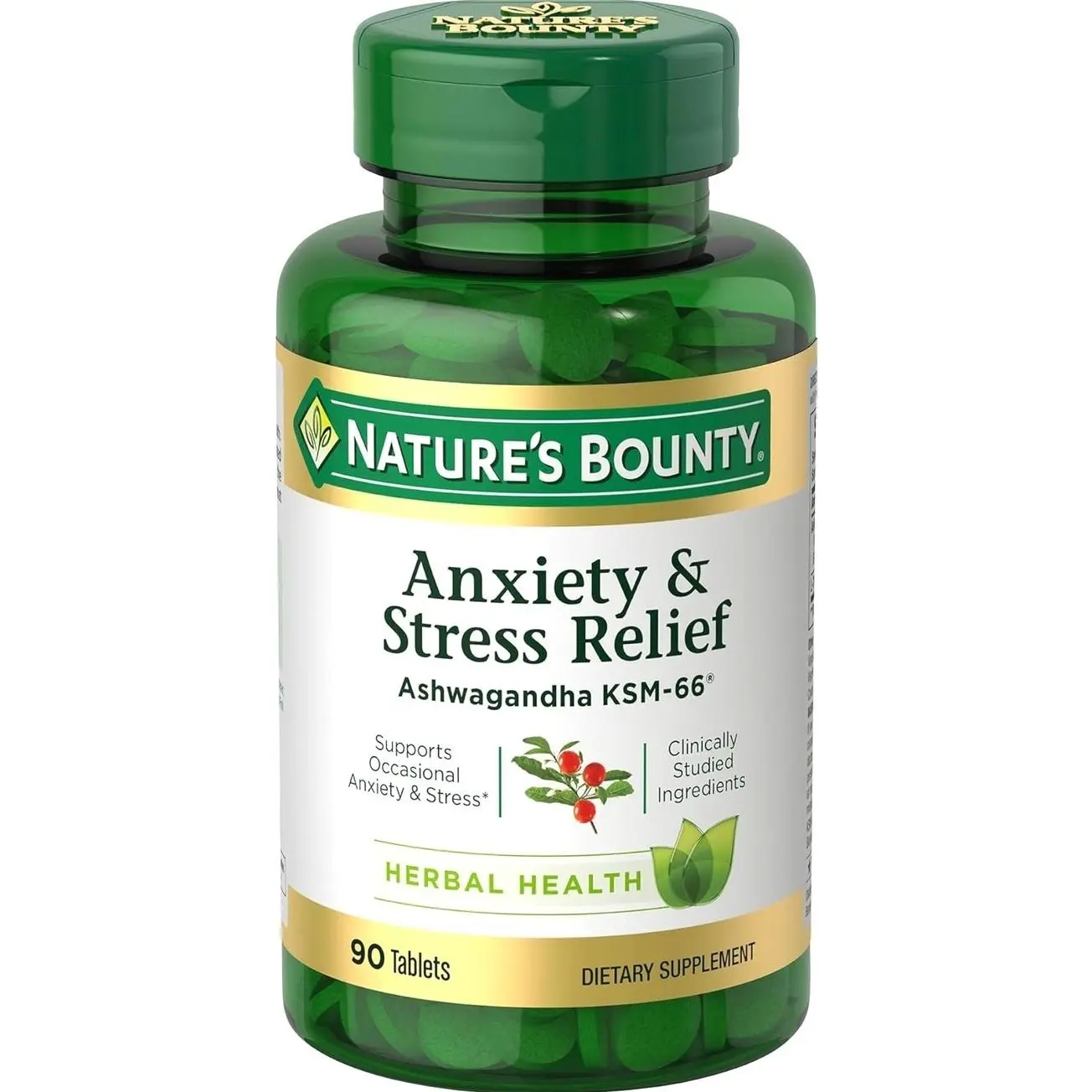 Nature's Bounty Stress Relief, Ashwagandha KSM-66, Supports Occasional Stress Relief, Dietary Supplement, 2 Tablets per Day, Vegetarian Tablets, Gluten Free, 90 Ct