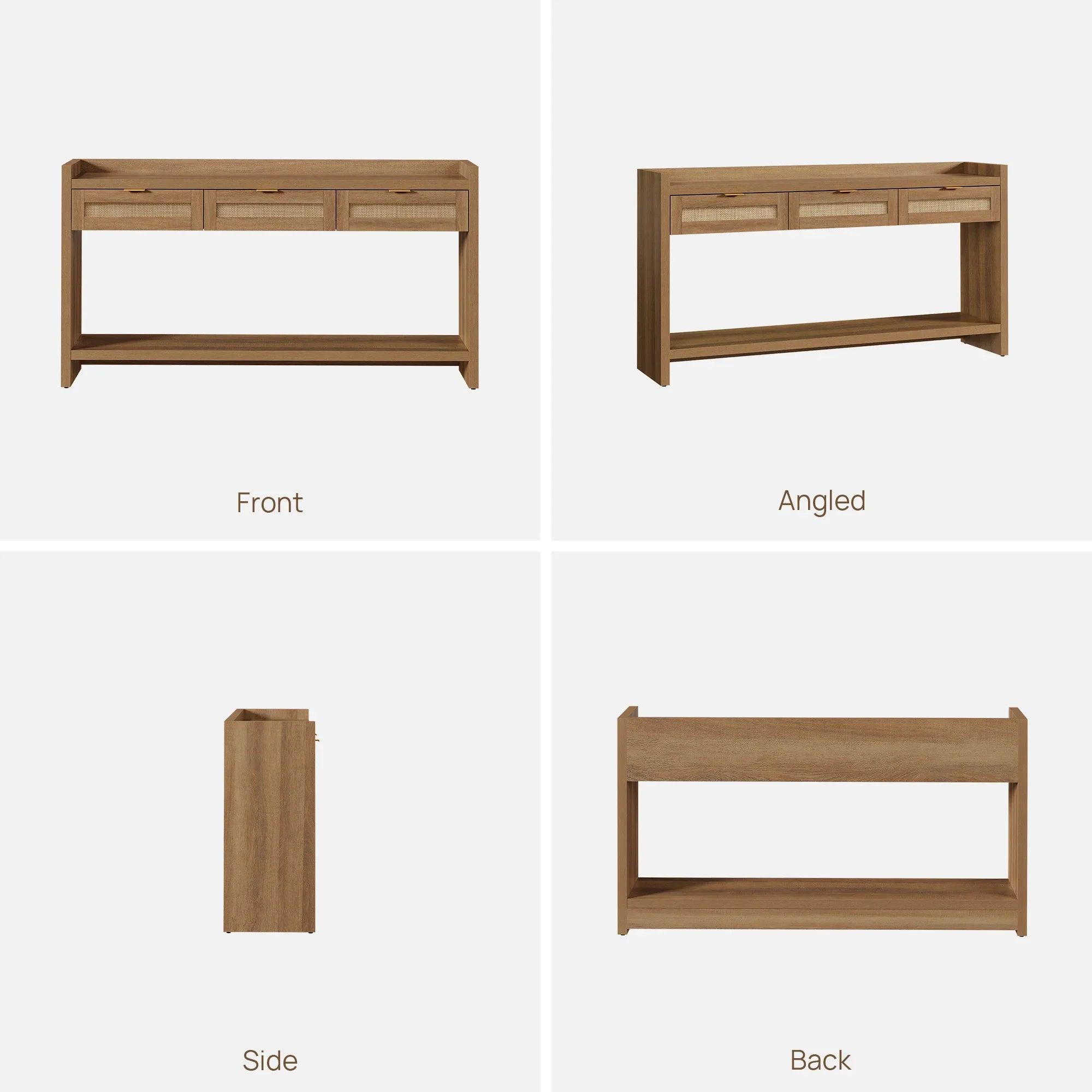 SICOTAS 60" Rattan Console Table for Entryway - Farmhouse Entry Table Sofa Table with 3 Drawers, Narrow TV Console Table with Storage for Living Room, Hallway, Couch