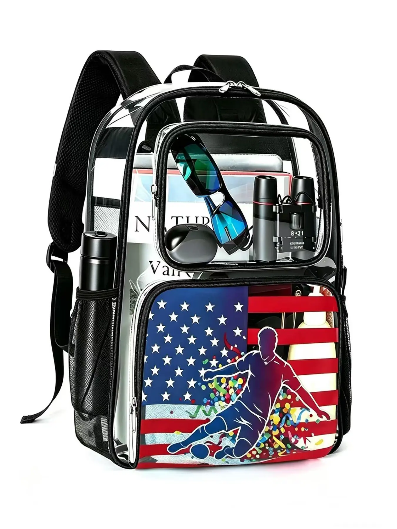 Transparent Football Print Backpack, Computer Backpack, Fits 15.6 Inch Laptop, Large Capacity, Tsa Friendly, Ideal for Stadiums, Music Festivals, Commuting, Clear Backpack For Stadium Events, Clear Transparent Backpack, Soccer Backpack
