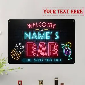 Neon Bar Sign non-light-up Welcome to Name's Bar Design with Beer Mug & Wine Glass Illustrations Vintage Style Aluminum Wall Decor for Home Bars Game Rooms