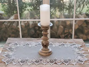 Linens Art And Things - Lace Runner Earth Tone Silver Lace on Silver Fabric Table Runner