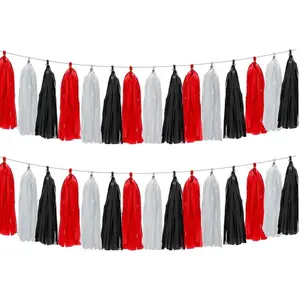 30pcs Paper Tassels Garland Banner Tissue Paper Tassel DIY Hanging Paper Decorations Party Tassel Garland Decor Baby Shower Nursery Wedding Festival Baby Shower Decoration(30, White+Black+red)