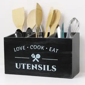 Brown Wooden Cutlery Rack Kitchen Utensil Storage With 3 Compartments For Silverware Forks Spoons And Spatulas Rustic Farmhouse Design