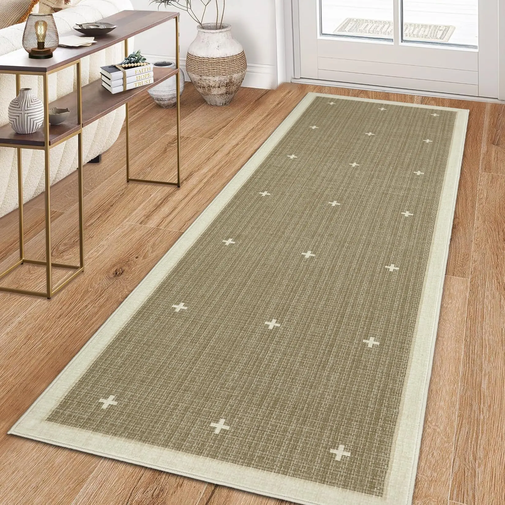 Washable Rugs 2x6 Hallway Runner Non Slip Kitchen Rugs Soft Non Shedding Low Pile Entryway Rug Jute Color Farmhouse Runners Stain Resistant Carpet for Bath Laundry Room Bedside, Jute Color