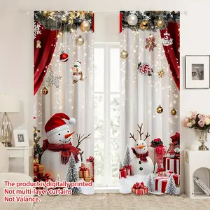 2-Piece set,2D flat print,cartoon Christmas snowman design curtains, gift elk pattern,merry Christmas theme curtains, translucent rod pocket design, suitable for bedroom living room kitchen office home decoration, holiday decoration, Christmas decoration.
