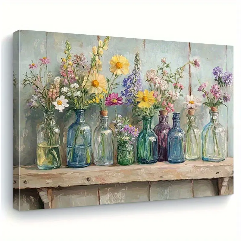 1-Piece Wood Framed Horizontal Wildflower Canvas Wall Art Print with Colorful Bottles - Country Floral Home Decor for Living Room, Bedroom - Spring Gift Option
