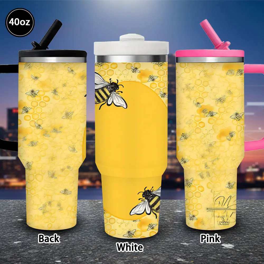40 oz Insulated Tumbler with Bees & Honeycomb Pattern - Vacuum Flask Travel Mug with Lid, Straw, Ideal for Iced/Hot Coffee, Valentine’s Day Gift for Women, Insulated Mug Tumbler Vacuum Flasks