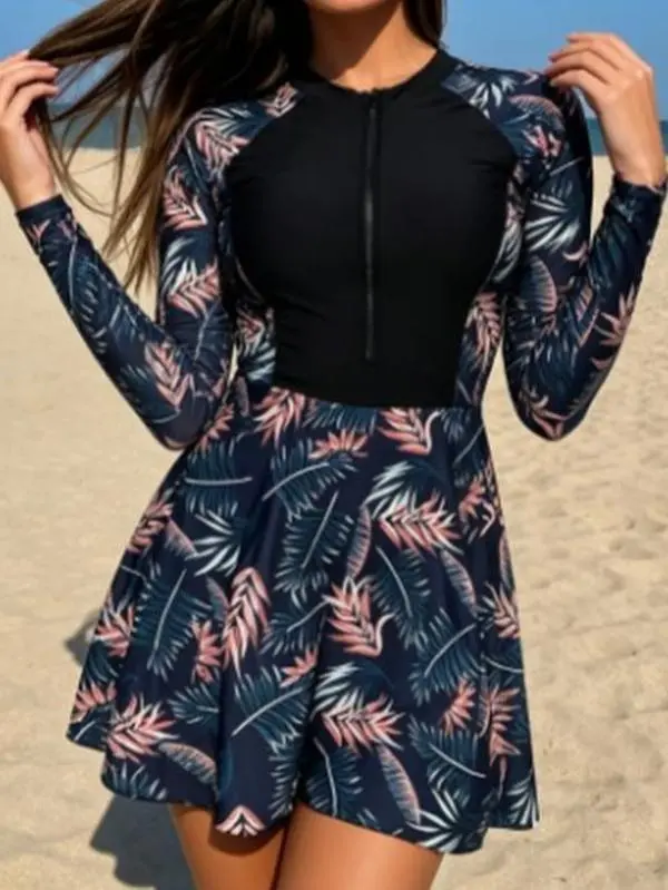 Women's Floral Print Long-Sleeve Swimsuit Dress - Sun-Protective, Slimming, Flared Skirt Hem, Versatile for Beach Vacations, Social Media Must-Have
