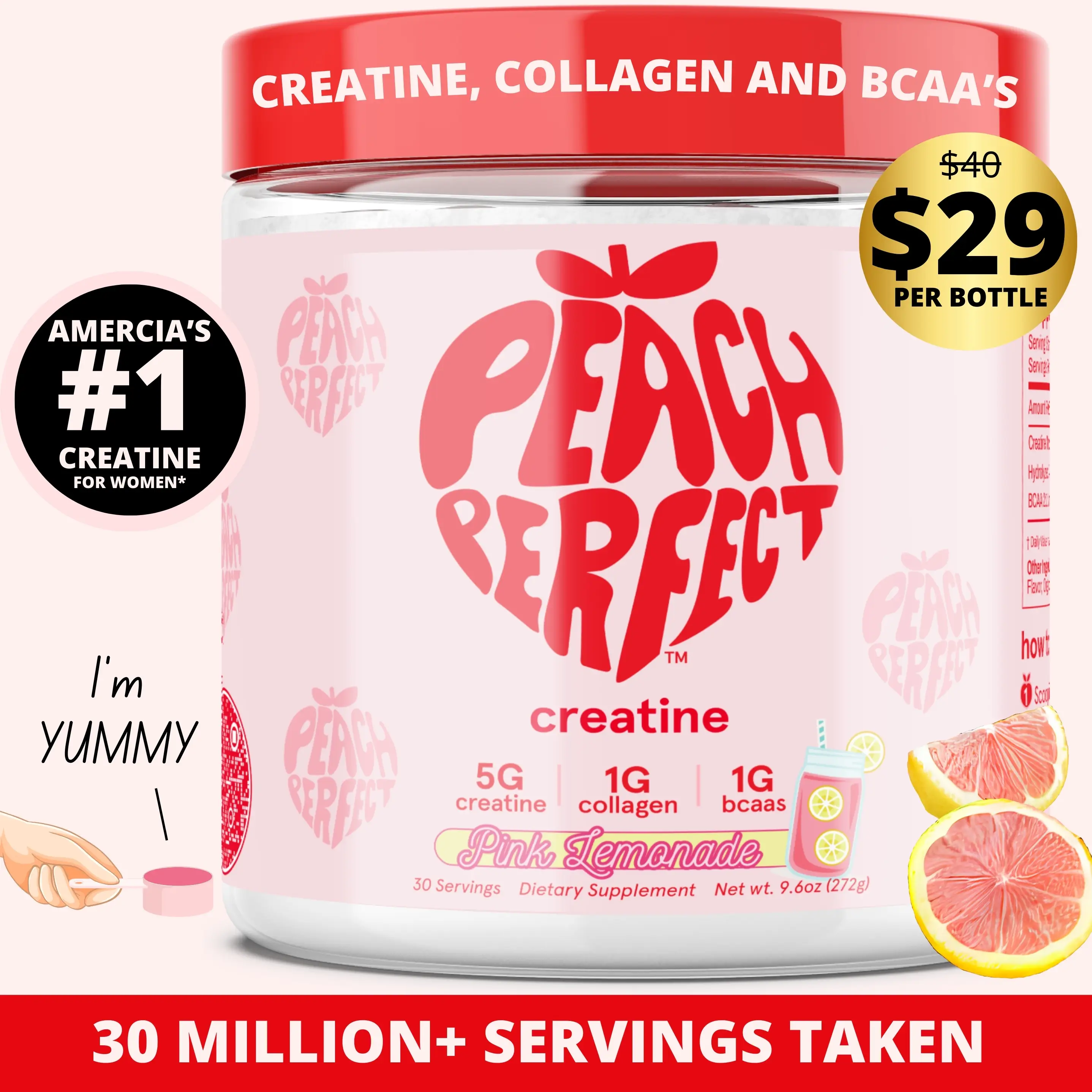 Peach Perfect Creatine Monohydrate Powder, Creatine for Women with Collagen, BCAAs, 5g Vegan Micronized Creatine per Serving, for Energy, Performance,