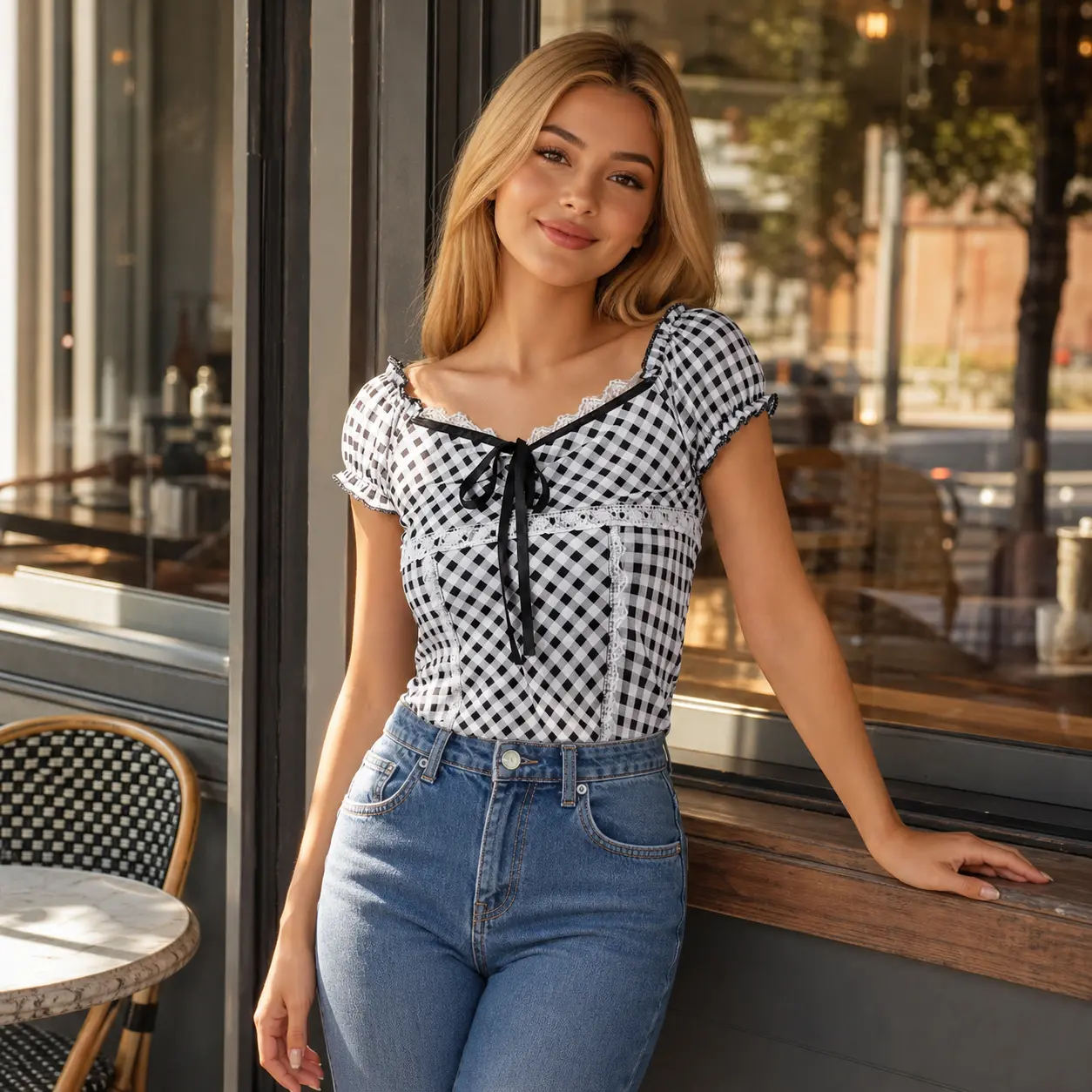 Women's Black and White Plaid Short Sleeve Top Lace Trim Bow U-Neck Fitted Blouse Y2K Summer Gingham Shirt