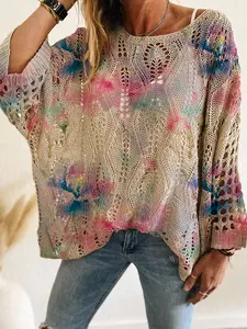Women's Knitted Long Sleeve Top, Casual Elegant Commuter Wear, Gradient Flower Print Knitwear, Batwing Shoulder, All Seasons