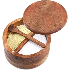 Salt and Pepper Bowl, Nature Wood Salt Cellar and Spices Storage Box With Built-in Spoon and Magnetic Swivel Lid Two Compartments 12 oz