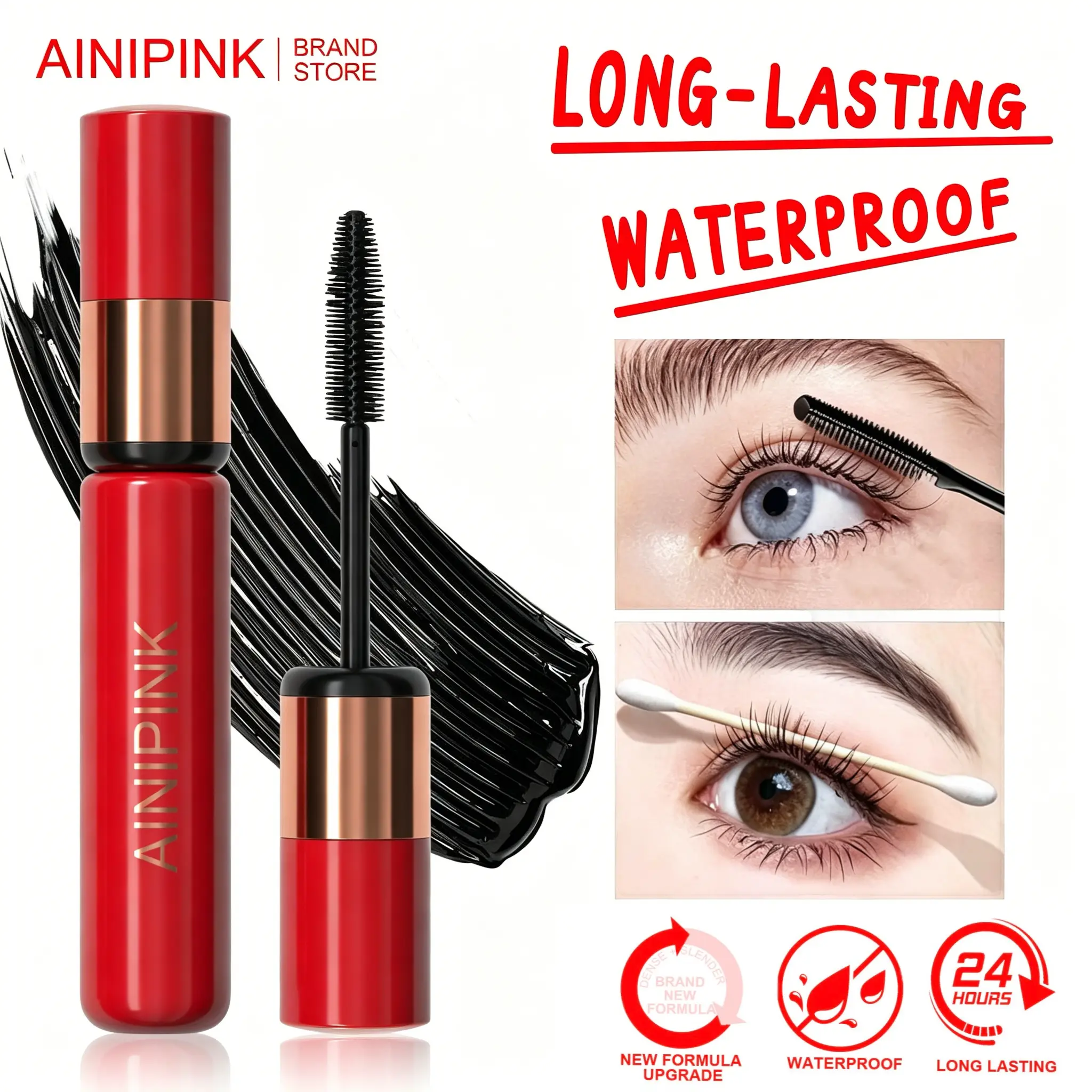 AINIPINK False Lash Effect Mascara, Waterproof 24H Long Lasting Volumizing Lengthening Black Mascara, Clump-Free Thick Full Eyelash Makeup, Viral TikTok Eye Cosmetic for Natural & Dramatic Lashes