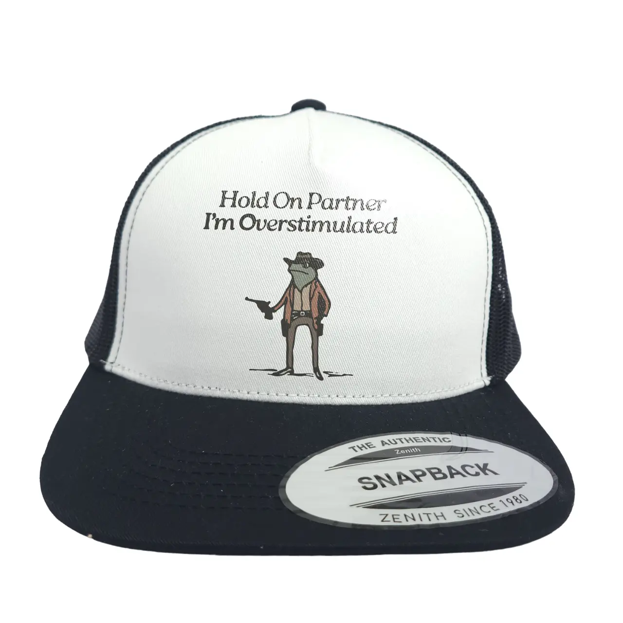 Hold On Partner Im Overstimulated - Printed Snapback Hat, Trucker Hat Many classifications, Cute Animal, Funny Cowboy Frog, Unhinged Hat Gift For Dad