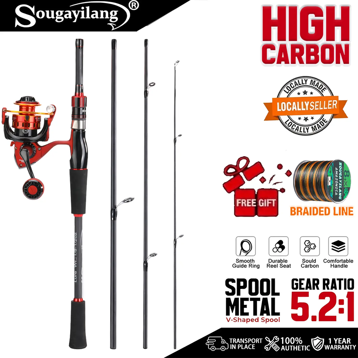 Sougayilang High Carbon Fishing Rod with Metal Spool Gear Ratio 5.2:1 Smooth Guide Ring Durable Reel Seat Solid Carbon Comfortable Handle