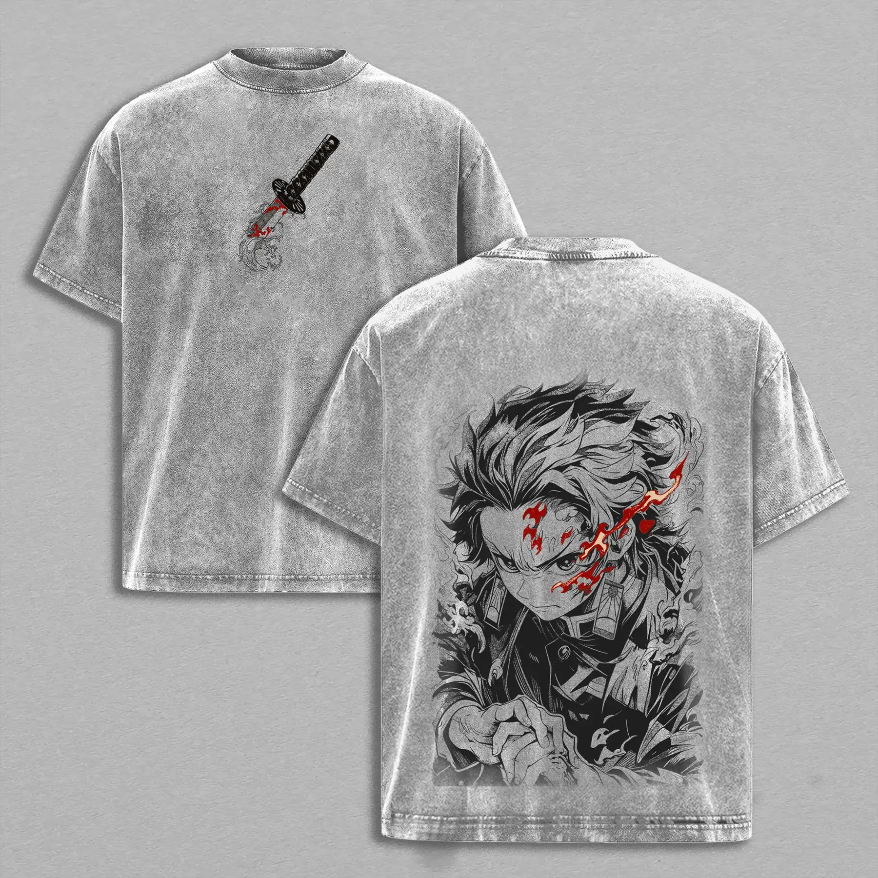 Tanjiro Tee - Demon Slayer Acid Wash Vintage T-Shirt Streetwear Casual Round Neck Crewneck