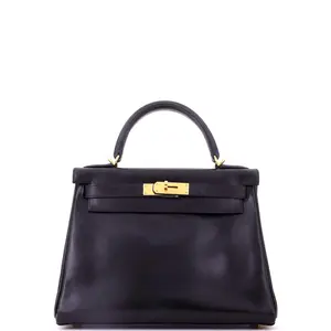 Pre-owned HERMÈS Leather Top Handle Bags Hermes Kelly Handbag Noir Box Calf with Gold Hardware 28 by Rebag