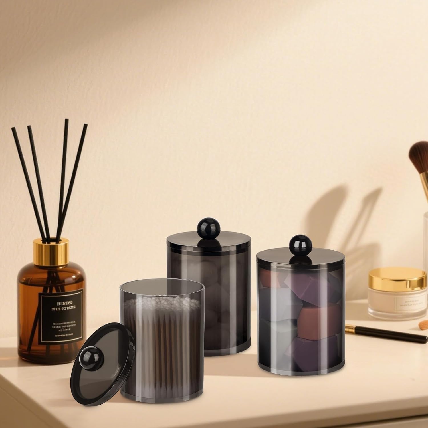 2 Pack Qtip Holder Canister Apothecary Jar Set Bathroom Jars with Lids for Cotton Swabs Balls Pads Floss Picks 10oz-12oz Plastic Canisters Restroom Bedroom Vanity Organizer Black Tin Bottles