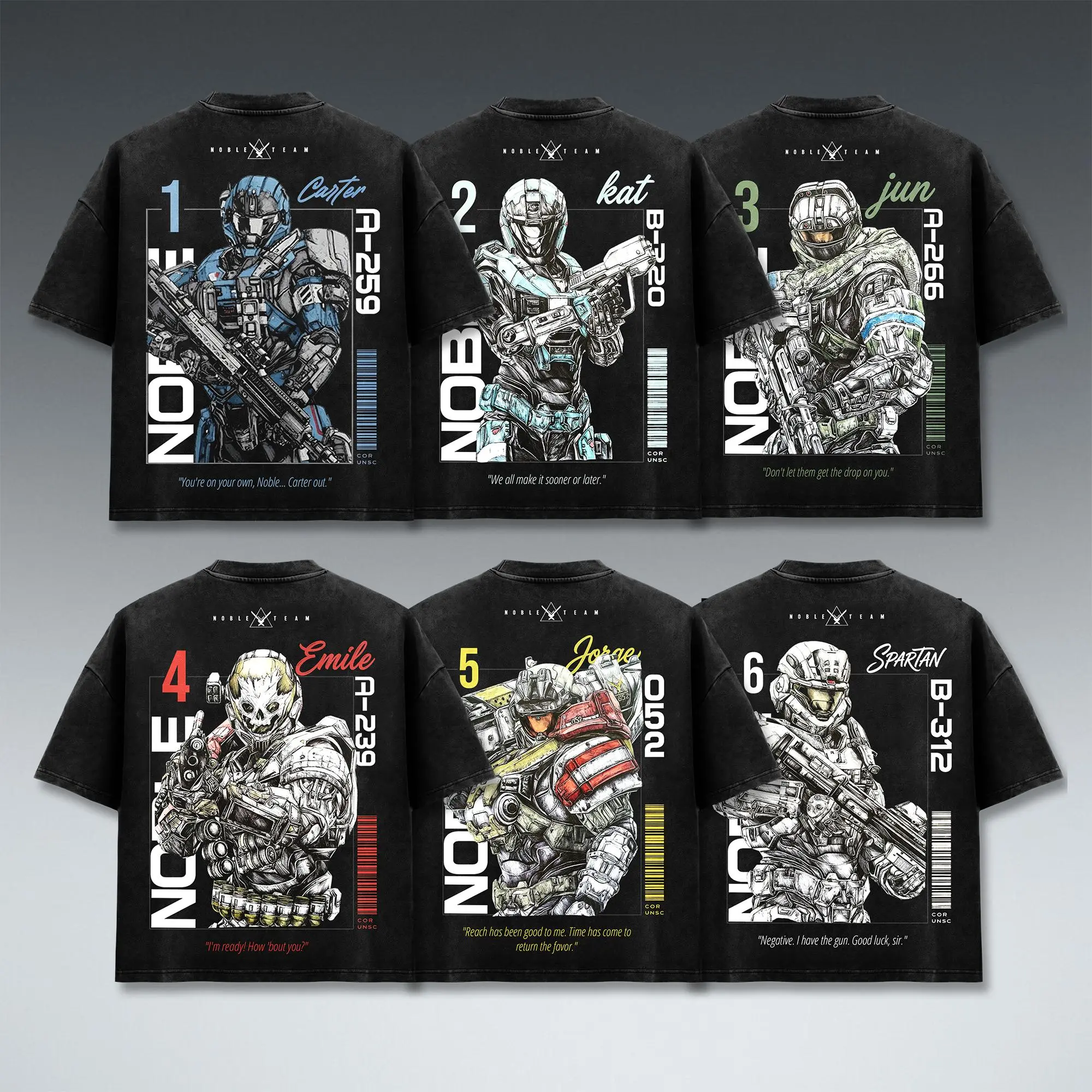 Halo Reach Game T-Shirt, Noble Team Carter Kat Jun Emile Jorge Spartan B312 Graphic Tee, Master Chief Universe Back Print, Vintage Black Wash Heavyweight Cotton, Oversized Drop Shoulder Streetwear, Gaming Fan Apparel