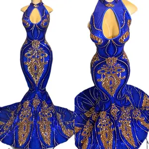 Blue & gold keyhole prom gown Formal Sequin