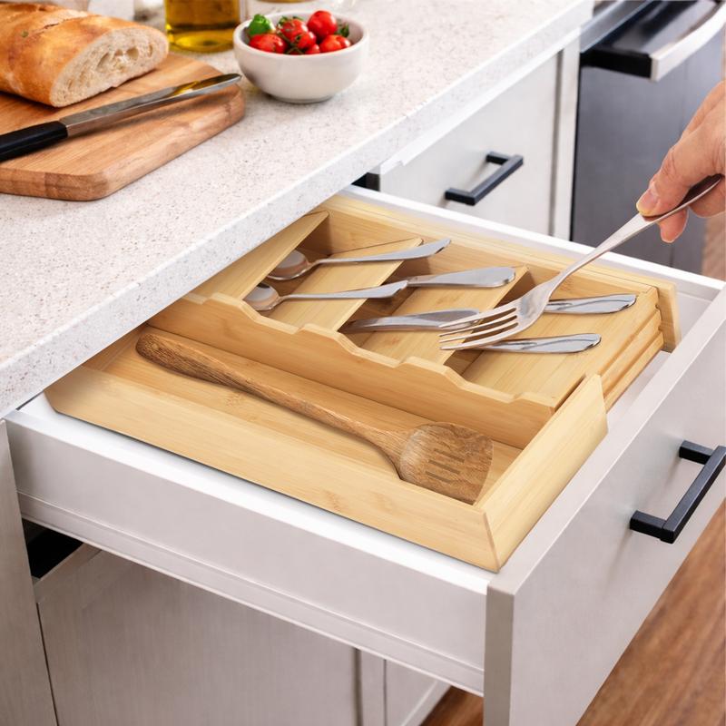 Bamboo Adjustable Cutlery Drawer Organizer Expandable Utensil Tray for Kitchen Drawers Compact Storage for Spoons Forks Knives Easy Access Clean Collapsible Eco-Friendly Flatware Holder
